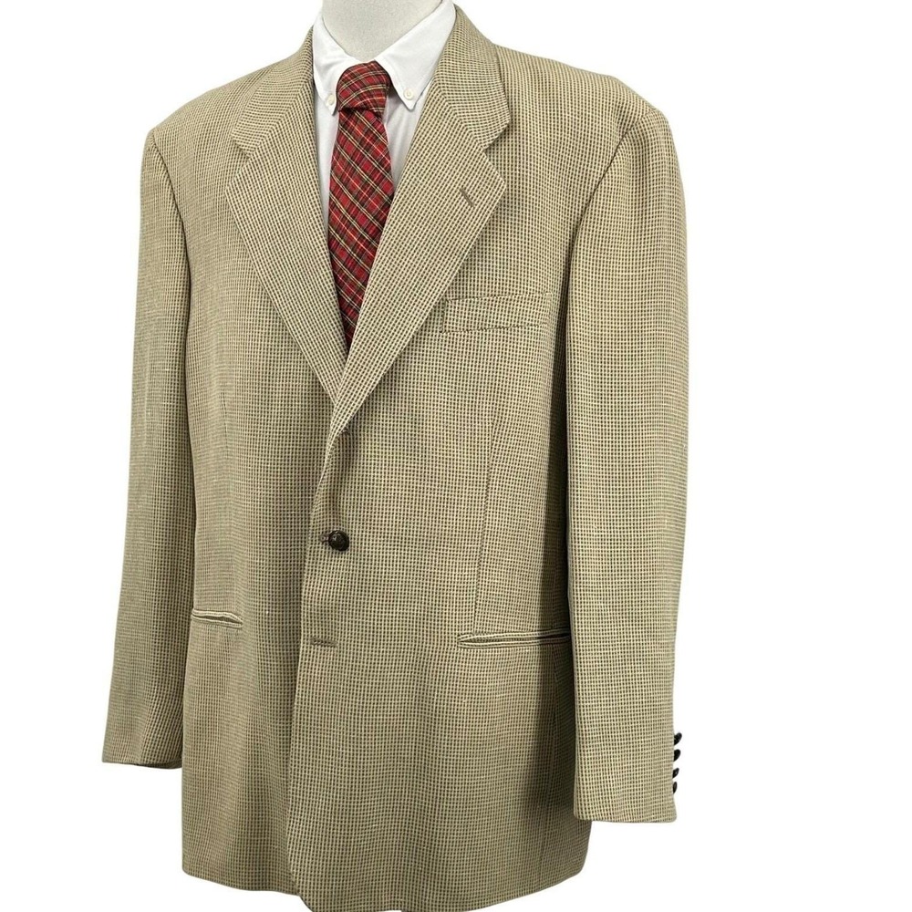 Mens Vintage Italian Blazer 50R Tan Silk Wool Micro Check Sport Coat Galliani